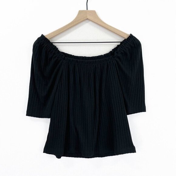 Madewell Shirt Women Small Black Textured Knit Off The Shoulder Boho Coastal NEW - Picture 5 of 13